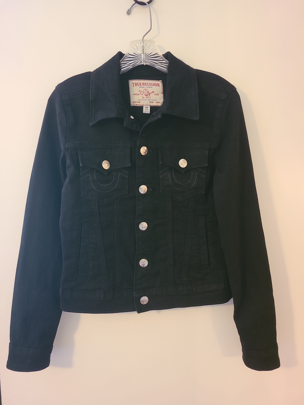 True Religion Women's Single Needle Slim Fit Denim Trucker Jacket Black EUC